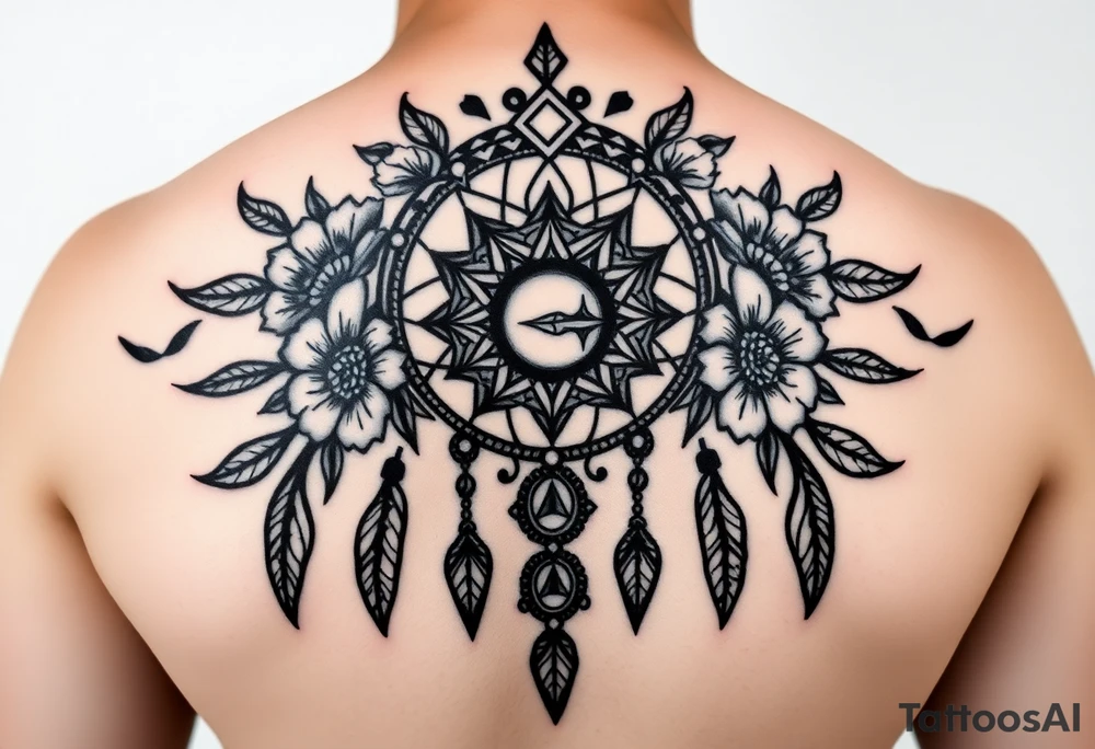 Boho dream catcher with gothic compass and hourglass. Beautiful flowers and an ornamental chandelier like look tattoo idea