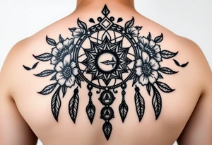 Boho dream catcher with gothic compass and hourglass. Beautiful flowers and an ornamental chandelier like look tattoo idea