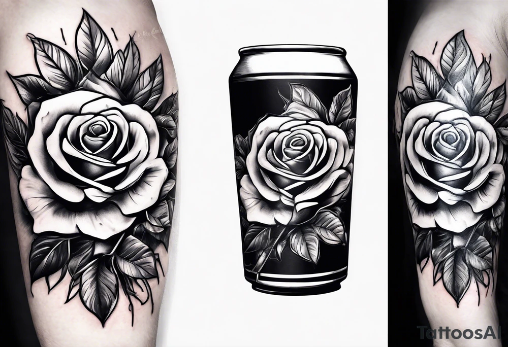 A bottle of beer and a stalk of rose in the bucket tattoo idea