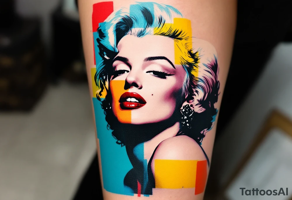 A pop art version of Marilyn Monroe with bold blocks of red, yellow, blue, and black outlines. tattoo idea