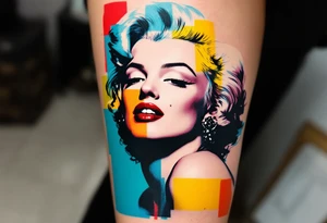 A pop art version of Marilyn Monroe with bold blocks of red, yellow, blue, and black outlines. tattoo idea