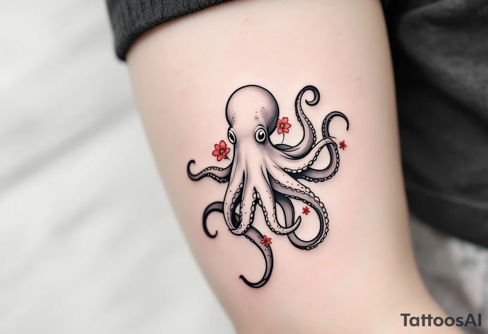 A small realistic black and grey tattoo of an octopus, cute, with detailed shading and soft linework, showing the octopus with swirling tentacles, on light skin. ornamental flowers around with red ink. The style is minimalistic and elegant, resembling fine-line tattoo with a shadow tattoo idea