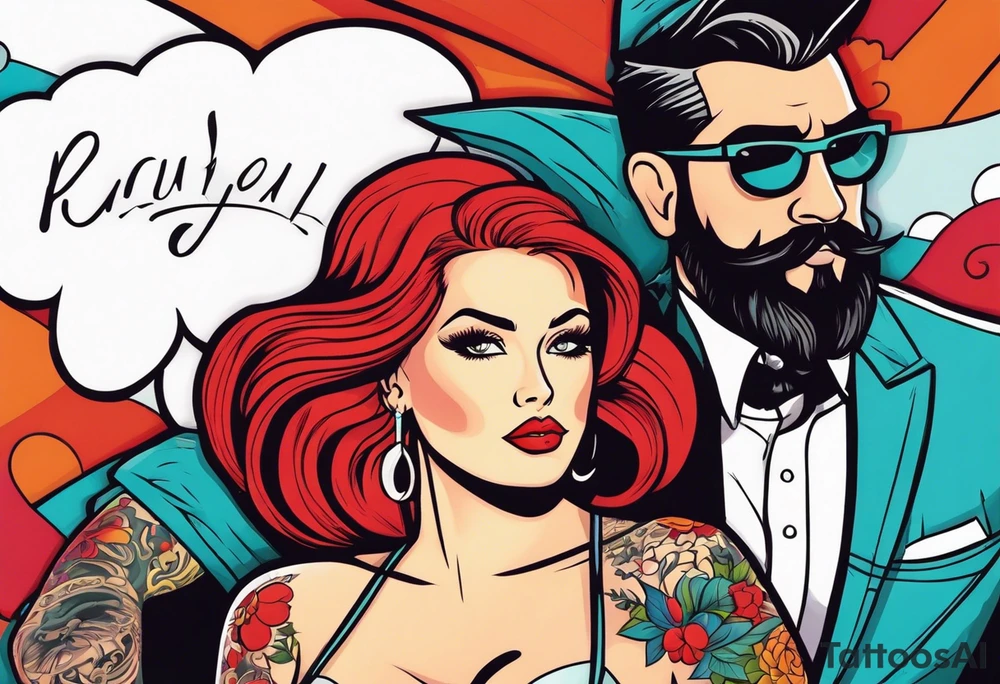 Busty Red haired woman with black haired bearded man tattoo idea