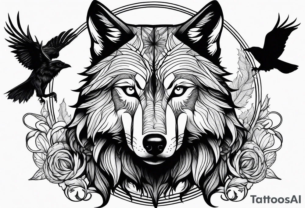 A Wolf with a witch and a raven tattoo idea