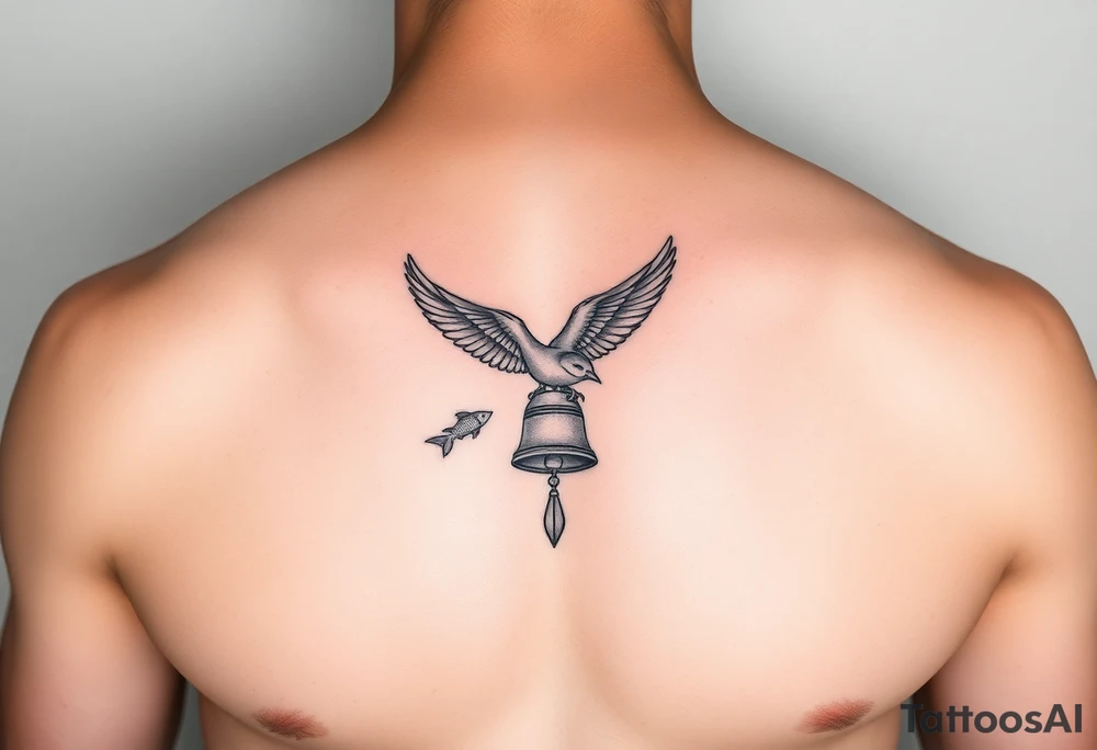 minimal fine line bird, bell and fish tattoo, for chest, man. tattoo idea