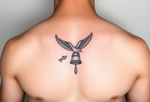 minimal fine line bird, bell and fish tattoo, for chest, man. tattoo idea