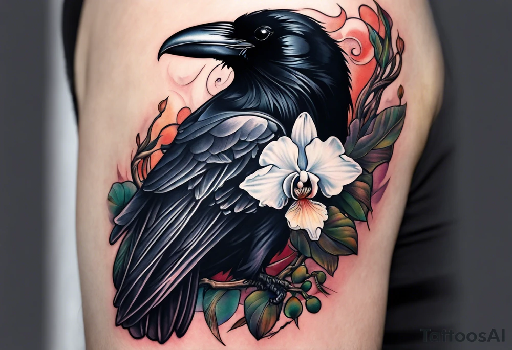 A sleeve with a a Raven A white orchid 1990 and something showing change with the Raven tattoo idea