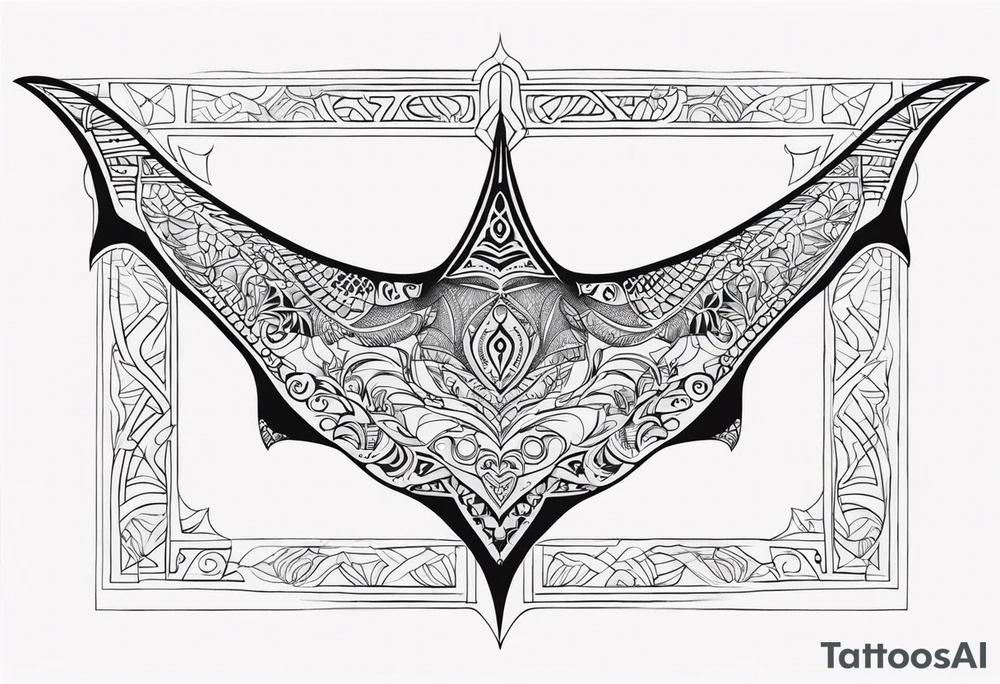 Tattoo sketch of manta ray in outline, without shadows and background, made of sacred ornament, minimalistic Polynesian tattoo design, without thick lines and dark spots, while maintaining the shape of Manta Ray tattoo idea