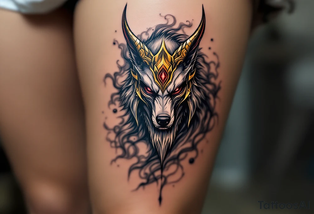 Radegast – Picture of a full body warrior god with a wolf head, wearing a golden horned helmet, his armor shimmering in silver-gray, with blood-red eyes and smoke behind. tattoo idea