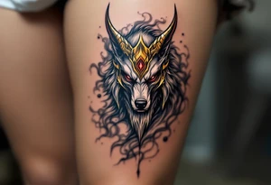 Radegast – Picture of a full body warrior god with a wolf head, wearing a golden horned helmet, his armor shimmering in silver-gray, with blood-red eyes and smoke behind. tattoo idea