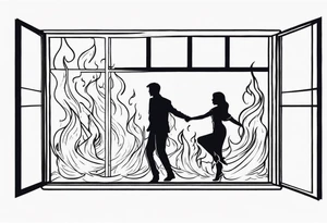 two people slow dancing in a burning room but the outside of the house is burning and you can only see them through a small window tattoo idea