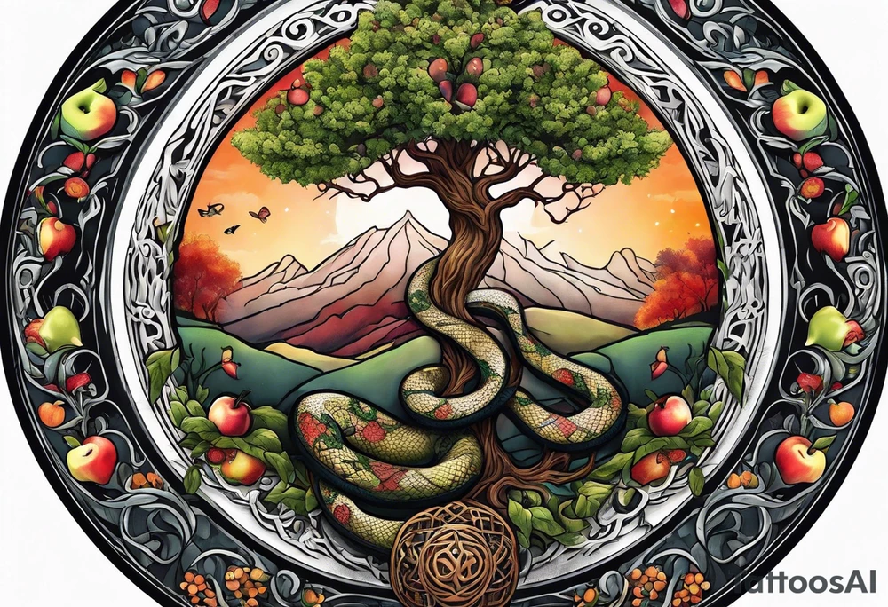Tree of life with snake and apple tattoo idea