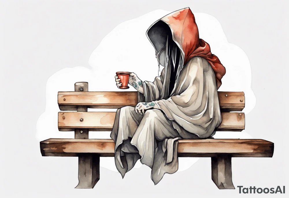 mushroom wearing a cloak sitting on a bench drinking from a wood cup tattoo idea