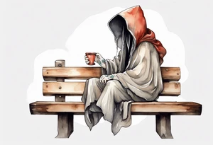 mushroom wearing a cloak sitting on a bench drinking from a wood cup tattoo idea