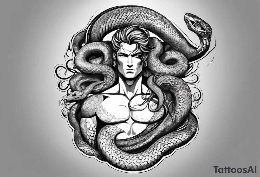 snake wrapping around human figure with 8 arms, and a blank face in pencil drawing style. The upper part of the snake will come up from the right and look back at the man figure. There will be a black eye above the man looking directly forward. tattoo idea