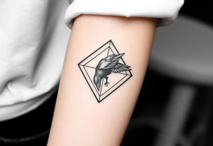 Geometric diamond with lines going around with detailed crow in center with a lot of shading tattoo idea