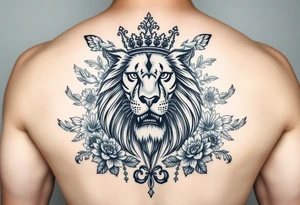 powerful majestic lion with a crown, surrounded by floral ornaments and birds tattoo idea