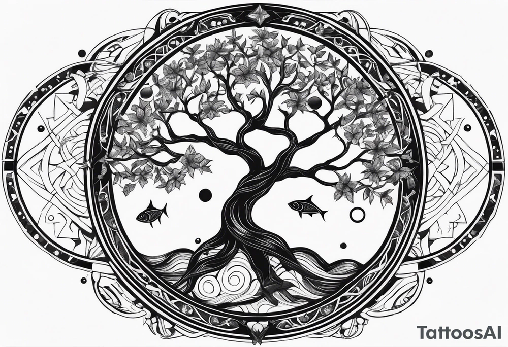 tree of life with 2 pisces fish a cross surrounded by stars and planets tattoo idea