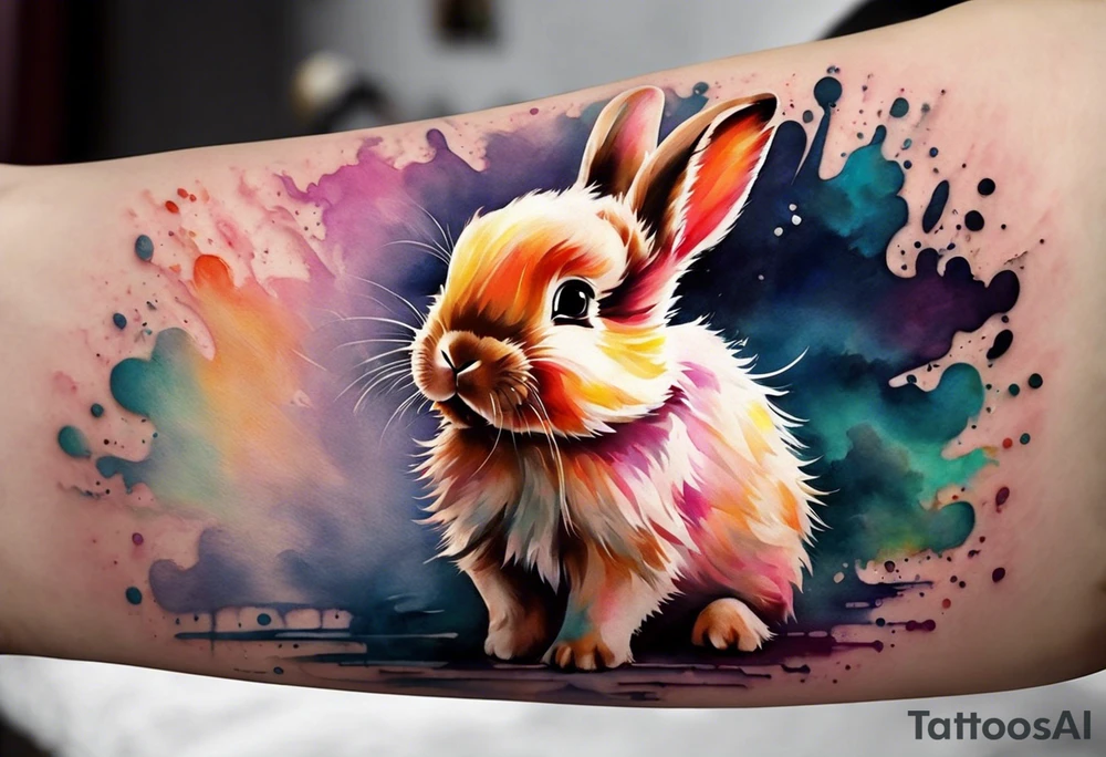 I would like a colorful bunny tattoo for my daughter because she loves bunnies and at the same time she is a pig, I would like the bunny to preferably have some combination with a pig, and then her birthday is April 9, and I would like the bunny to be kind of in the style of something like Iron Man, with the number 0409 on the armor. I'm more of a geometric person myself so I'd like her to not be a full pattern but cut by diamonds or triangles tattoo idea