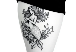 ethereal mermaid with flowing hair among coral and sea flowers and snakes tattoo idea