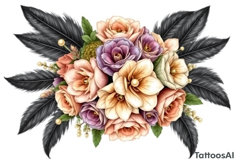 A wedding bouquet of olive green , lavender , rose gold and cream flowers surrounded by black feathers as the wrapping with one single pearl along the spine of each feather tattoo idea