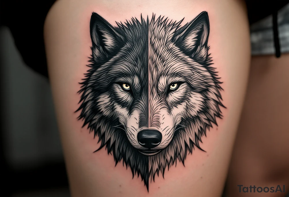 Black wolf face and a white wolf face side by side tattoo idea