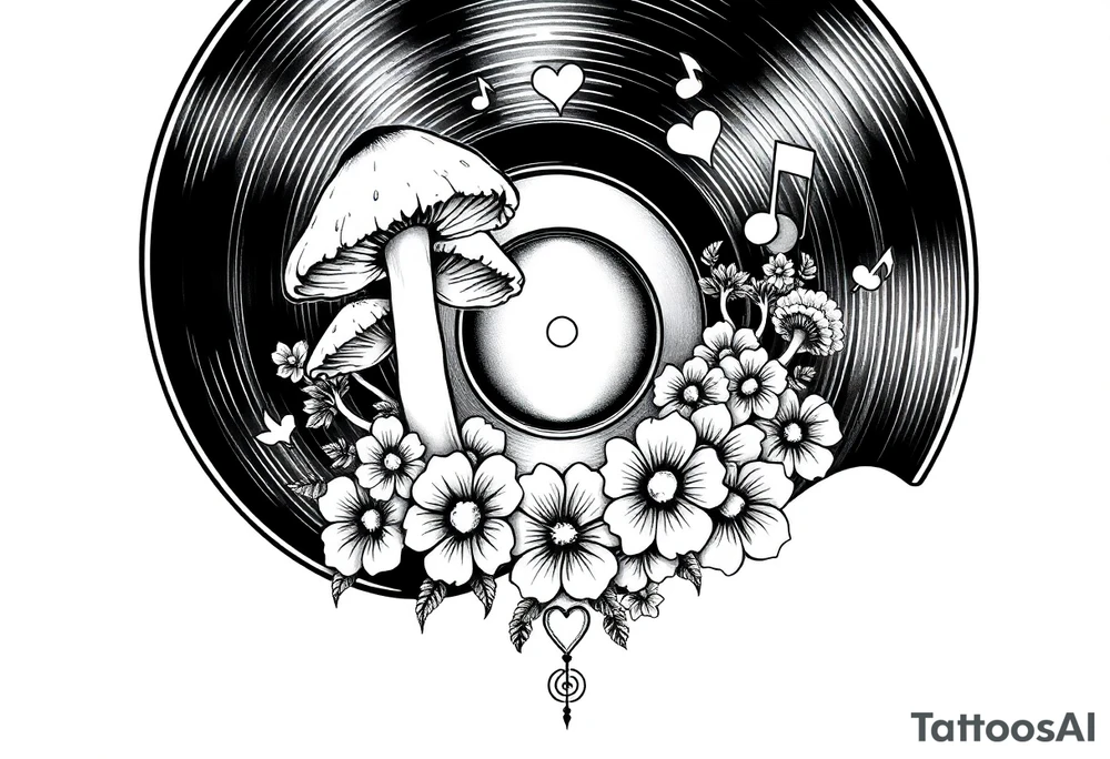 vinyl record with mushrooms, flowers, hearts, and music notes tattoo idea
