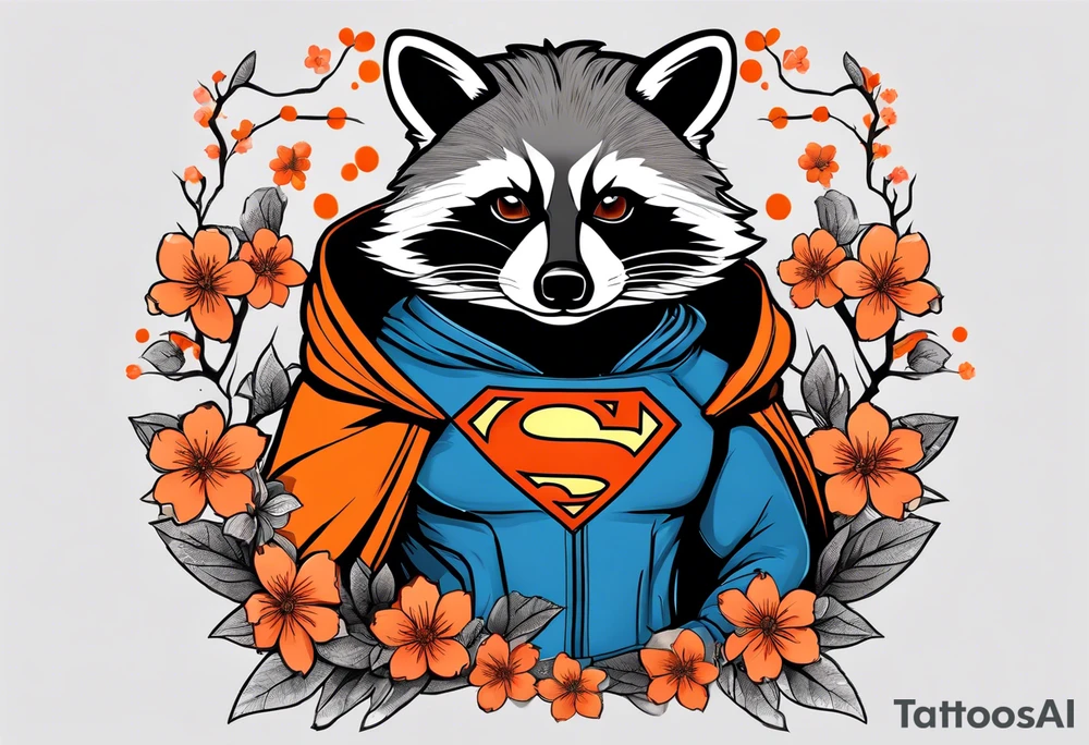 raccoon wearing a black and white Superman hoodie and orange Japanese cherry blossoms tattoo idea