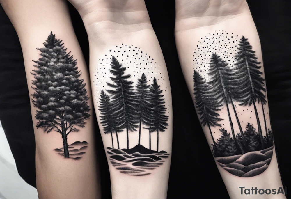 Pine trees that transform into palm trees at the beach tattoo idea