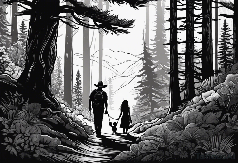 A shadow of a father and wife and young son and young daughter  of four walking through the Pacific Northwest Forrest. Mexican art. Trust in God tattoo idea