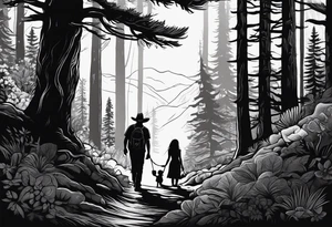 A shadow of a father and wife and young son and young daughter  of four walking through the Pacific Northwest Forrest. Mexican art. Trust in God tattoo idea