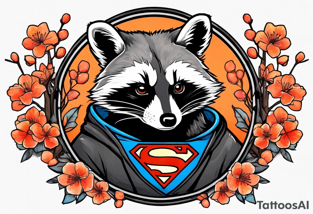Raccoon wearing a white Superman logo on a black hoodie and orange Japanese cherry blossoms beside tattoo idea