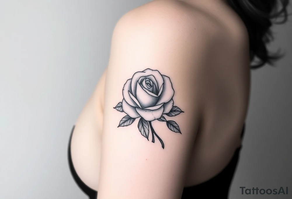 A tattoo on the forearm with a rose that goes around the forearm with space to put clouds red ink with a palm tattoo idea