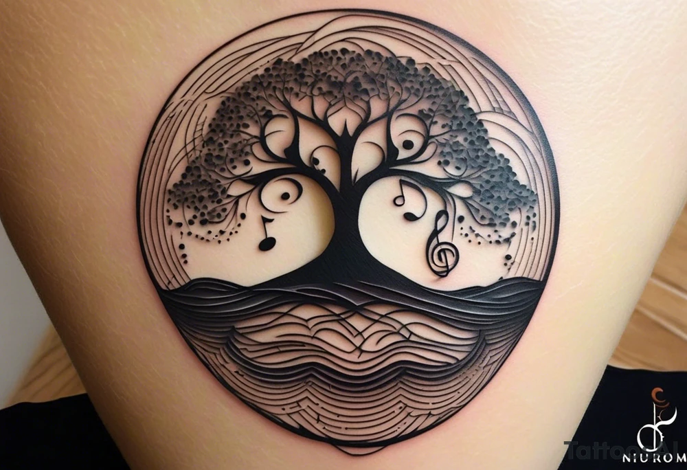 A tattoo design that incorporates the following elements: an abstract tree of life that has roots emerging  from the ground. Waves of water wrap around the tree in a non symmetrical design.  Incorporate musical notes into the tree. the letters U and A are overlapping and engraved into the tree. incorporate a golf ball or golf course symbols like a flag but not prominent. tattoo idea
