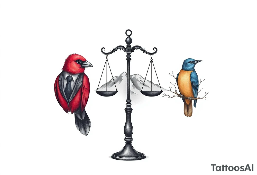 one of the birds red wearing a suit, other bird navy blue with glasses or holding a book, scales of justice built into a tree, starry night painting and mountain background tattoo idea
