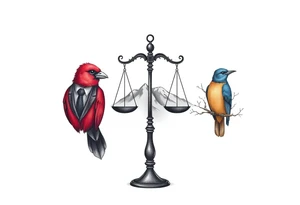 one of the birds red wearing a suit, other bird navy blue with glasses or holding a book, scales of justice built into a tree, starry night painting and mountain background tattoo idea