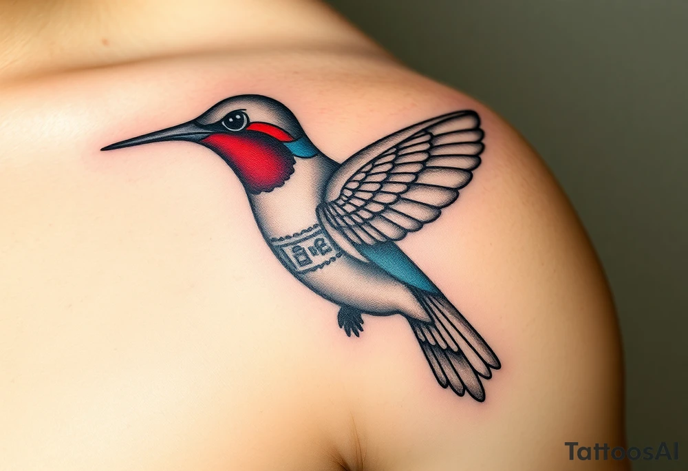 A hummingbird made of sand and hieroglyphs(only red , blue and black are possible colors) tattoo idea