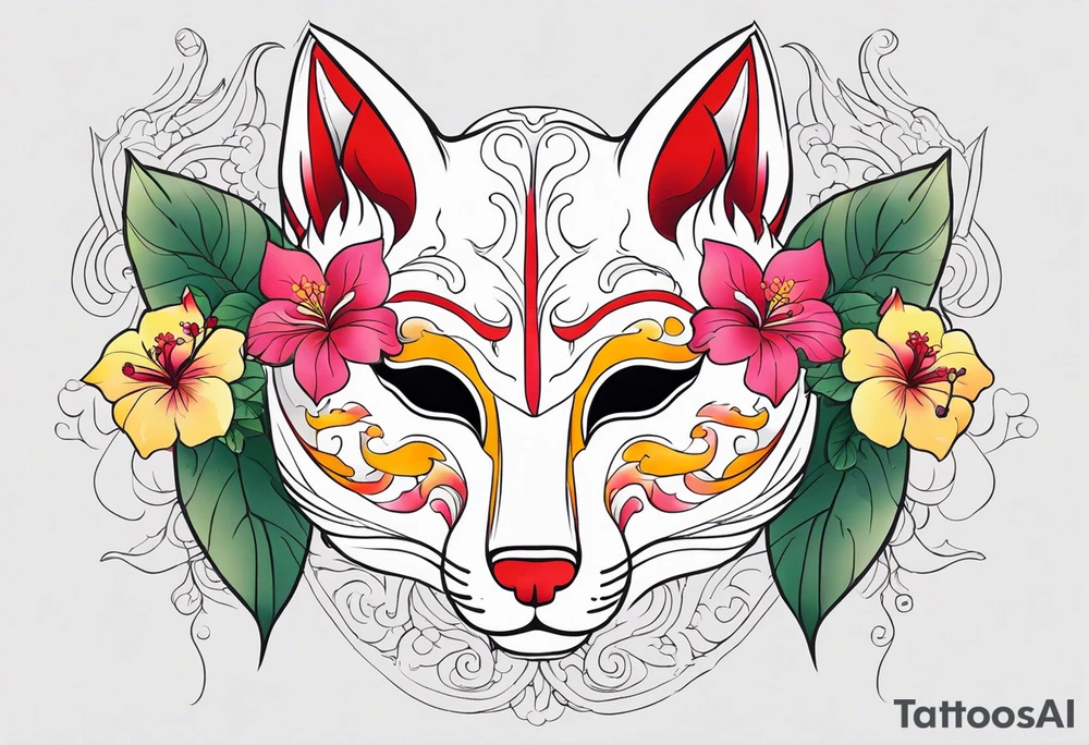 White japanese mask that looks like a kitsune with red and yellow accents and pink hibiscus flowers and green vines surrounding it tattoo idea