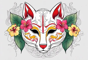 White japanese mask that looks like a kitsune with red and yellow accents and pink hibiscus flowers and green vines surrounding it tattoo idea