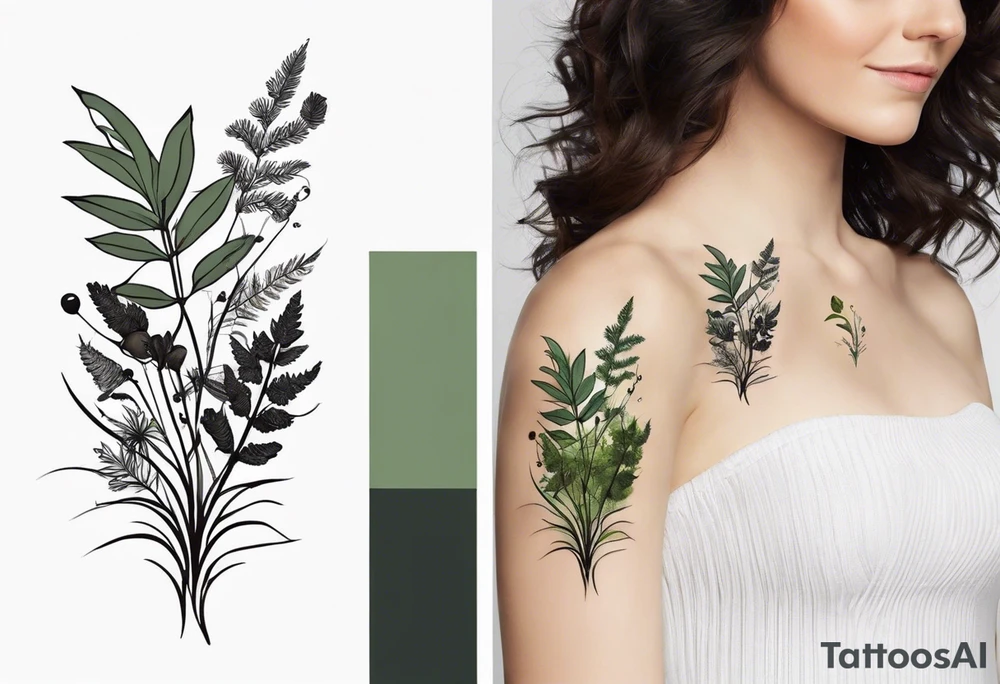 forest floor inspired minimalist tattoo, which includes grass, curly ferns, moss and dead leaves as the bulk of the tattoo. details to include: forest berries, a tiny bumblebee flying nearby, three small brown mushrooms
Generate a vertically long one tattoo idea