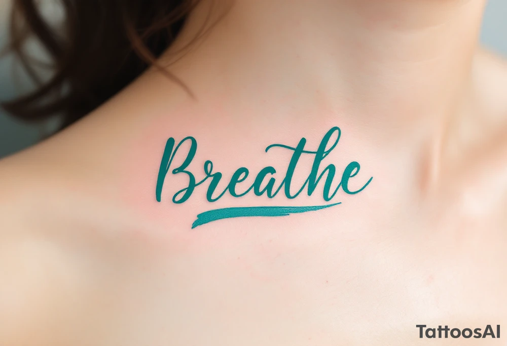 “Breathe” in soft teal brushstroke style, surrounded by minimalist wind lines in light gray. tattoo idea