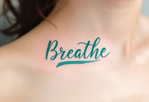 “Breathe” in soft teal brushstroke style, surrounded by minimalist wind lines in light gray. tattoo idea