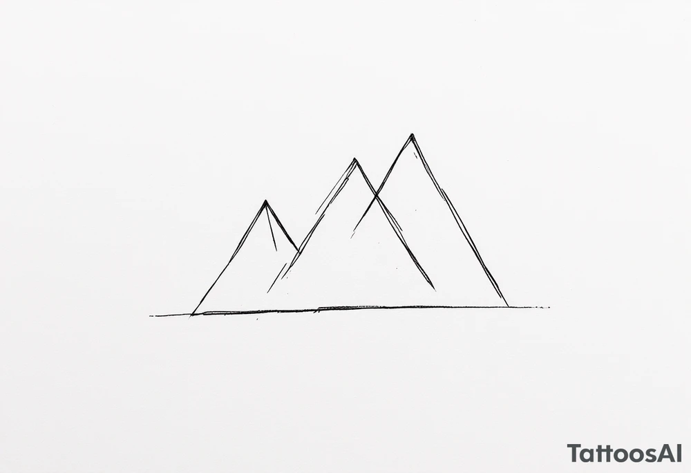 A minimalist geometric composition featuring three triangular peaks of varying sizes, forming a stylized mountain range. Each peak is outlined with clean, sharp lines, and the tallest peak is centered for balance. Below the mountains is a thin, straight horizontal line, representing a trail or path. tattoo idea