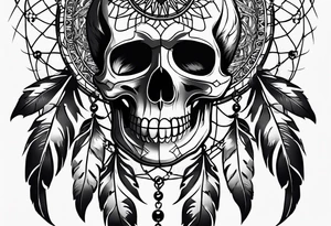 Dream catcher with multiple skulls with black flowers tattoo idea