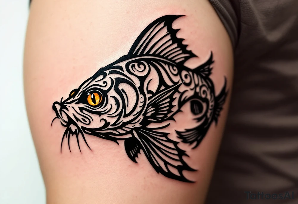 Tribal Catfish Design – A catfish rendered in bold black tribal lines, with symmetrical swirls and sharp angles representing movement and strength. tattoo idea