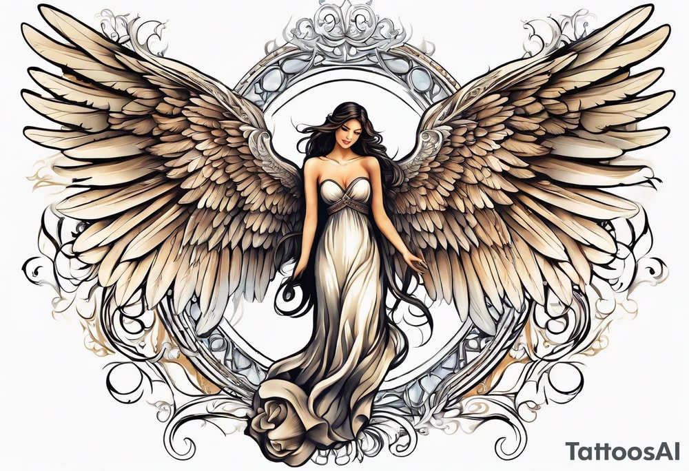 beautiful angel wings. with flilgree in the background tattoo idea