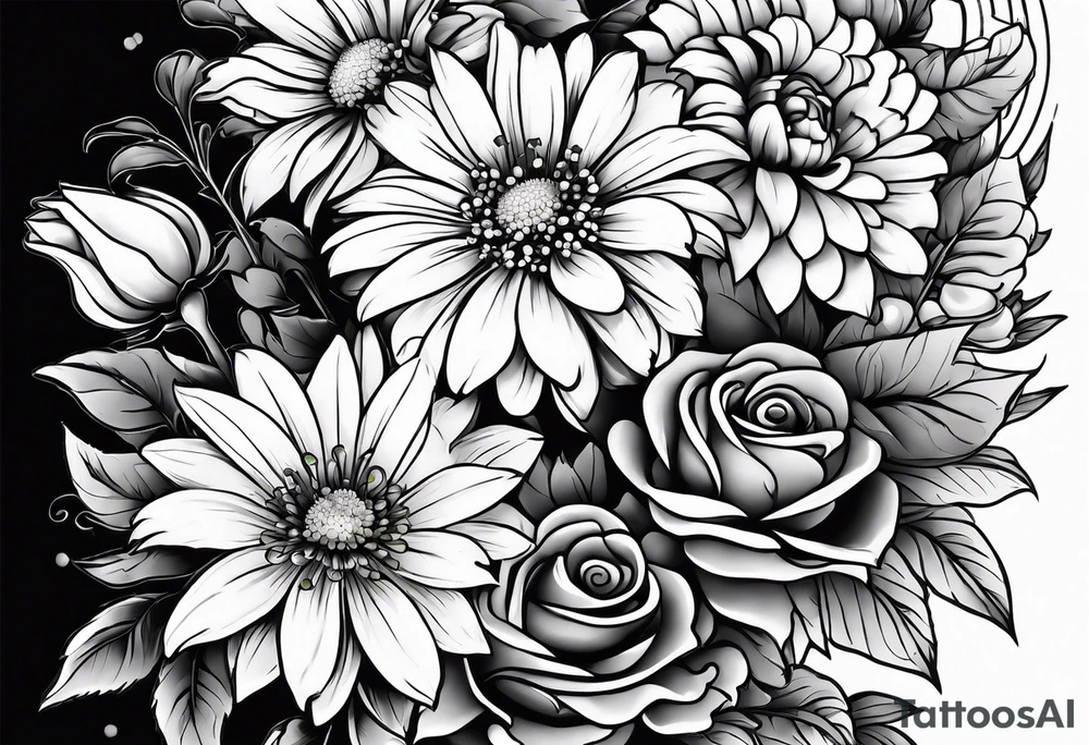 Asters, roses, lily of the valley, and chrysanthemums sleeve tattoo idea