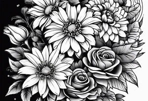 Asters, roses, lily of the valley, and chrysanthemums sleeve tattoo idea