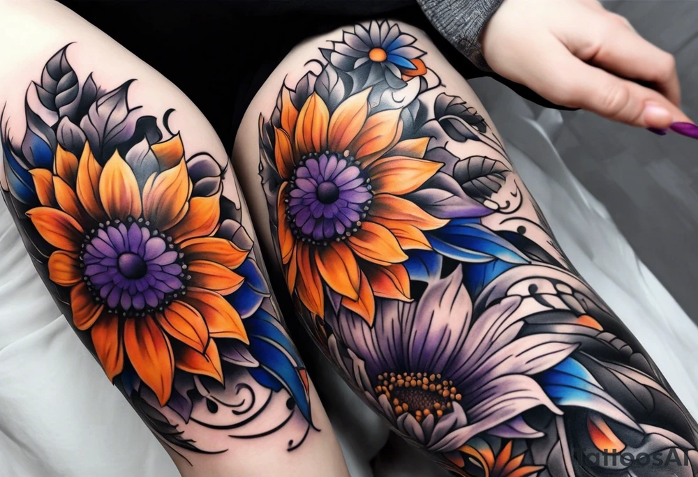Full leg sleeve with purple, orange and blue sunflowers tattoo idea