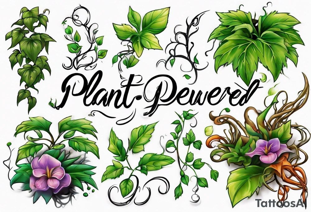 Words “Plant powered” with growing vines tattoo idea